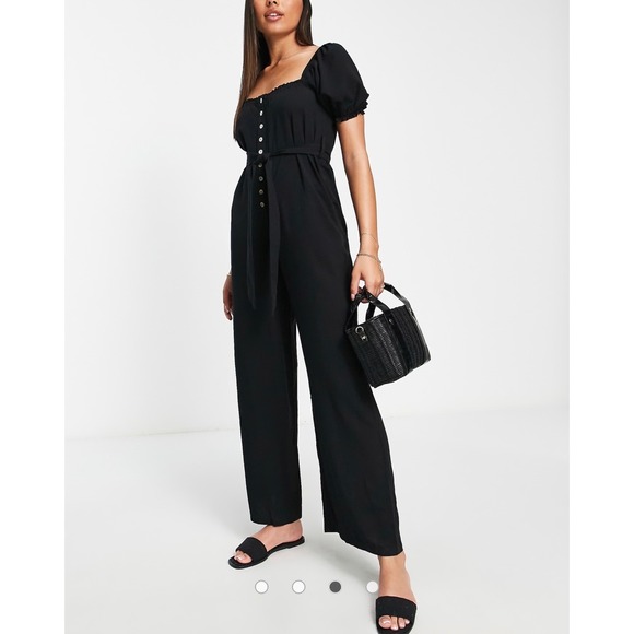 ASOS Pants - ASOS The Frolic Black Puff Sleeve Wide Leg Button Down Jumpsuit NWT Size 12